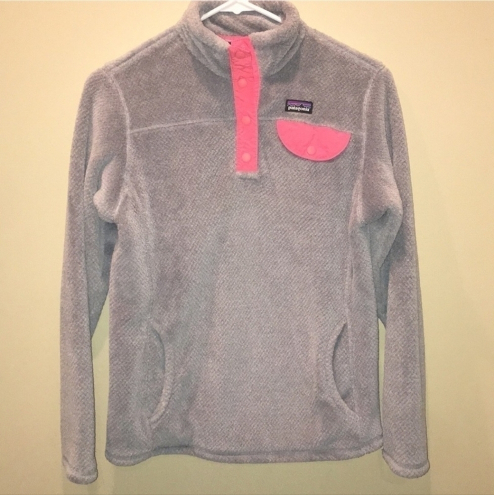 Patagonia Re-Tool Fleece Pullover Jacket Snap Buttons Girl's Size XL (14) Grey